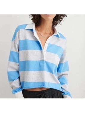Aerie Sporty Prep Rugby Polo Shirt S Small Blue Gray Striped Long Sleeve Crop